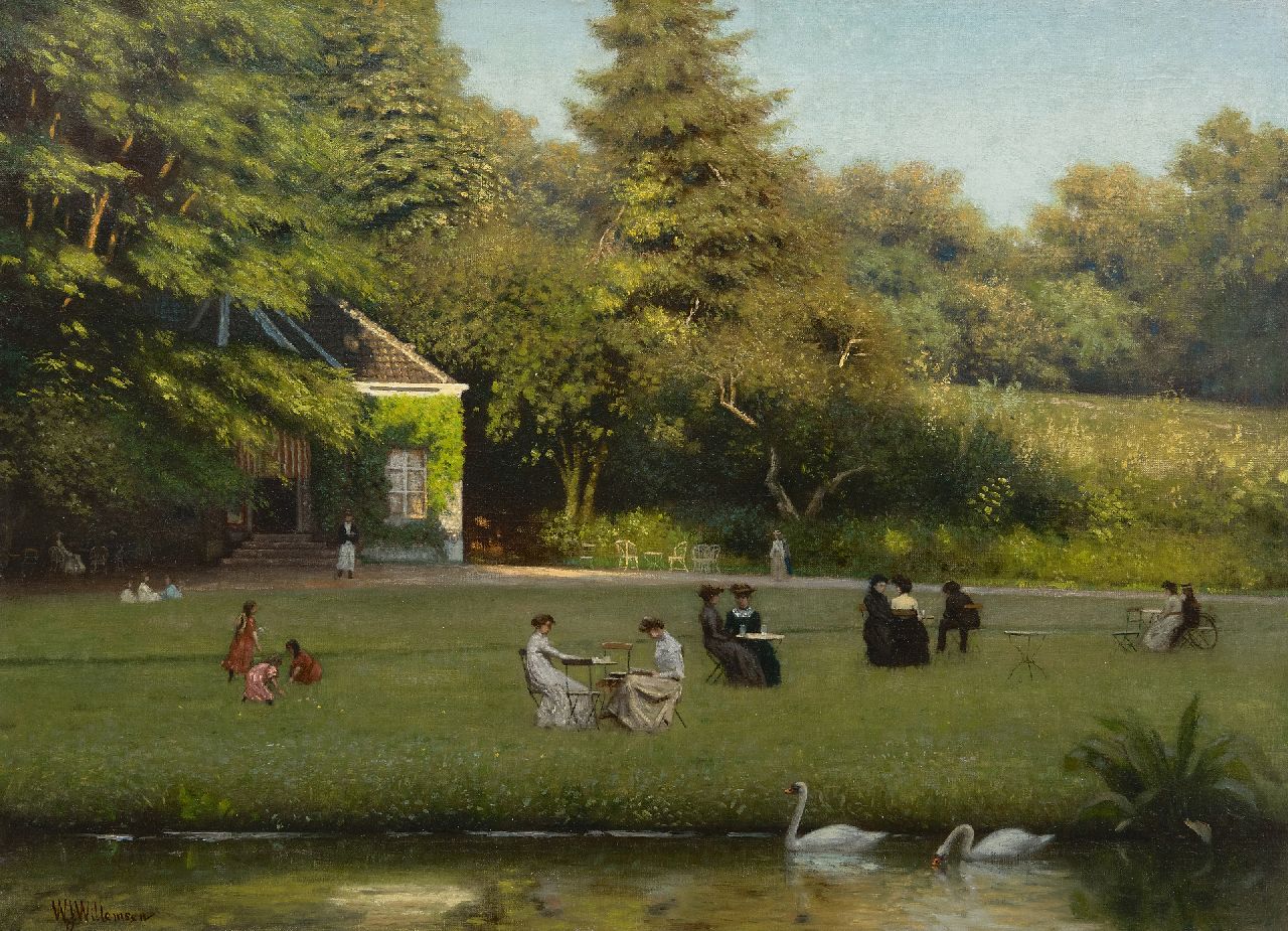 Willemsen W.J. | Willem Jan Willemsen, De theeschenkerij in Park Sonsbeek, Arnhem, olieverf op doek 50,5 x 69,5 cm, gesigneerd linksonder Willemsen W.J. | Willem Jan Willemsen, De theeschenkerij in Park Sonsbeek, Arnhem, olieverf op doek 50,5 x 69,5 cm, gesigneerd linksonder