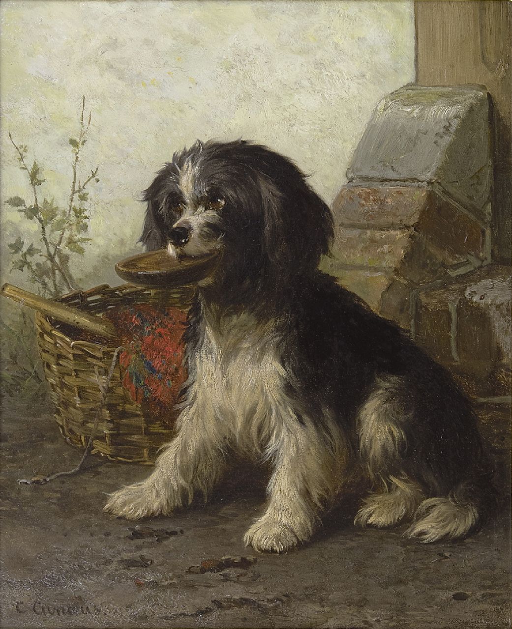 Cunaeus C. | Conradijn Cunaeus, Schapendoes bij de mand, olieverf op paneel 34,2 x 28,5 cm, gesigneerd linksonder Cunaeus C. | Conradijn Cunaeus, Schapendoes bij de mand, olieverf op paneel 34,2 x 28,5 cm, gesigneerd linksonder