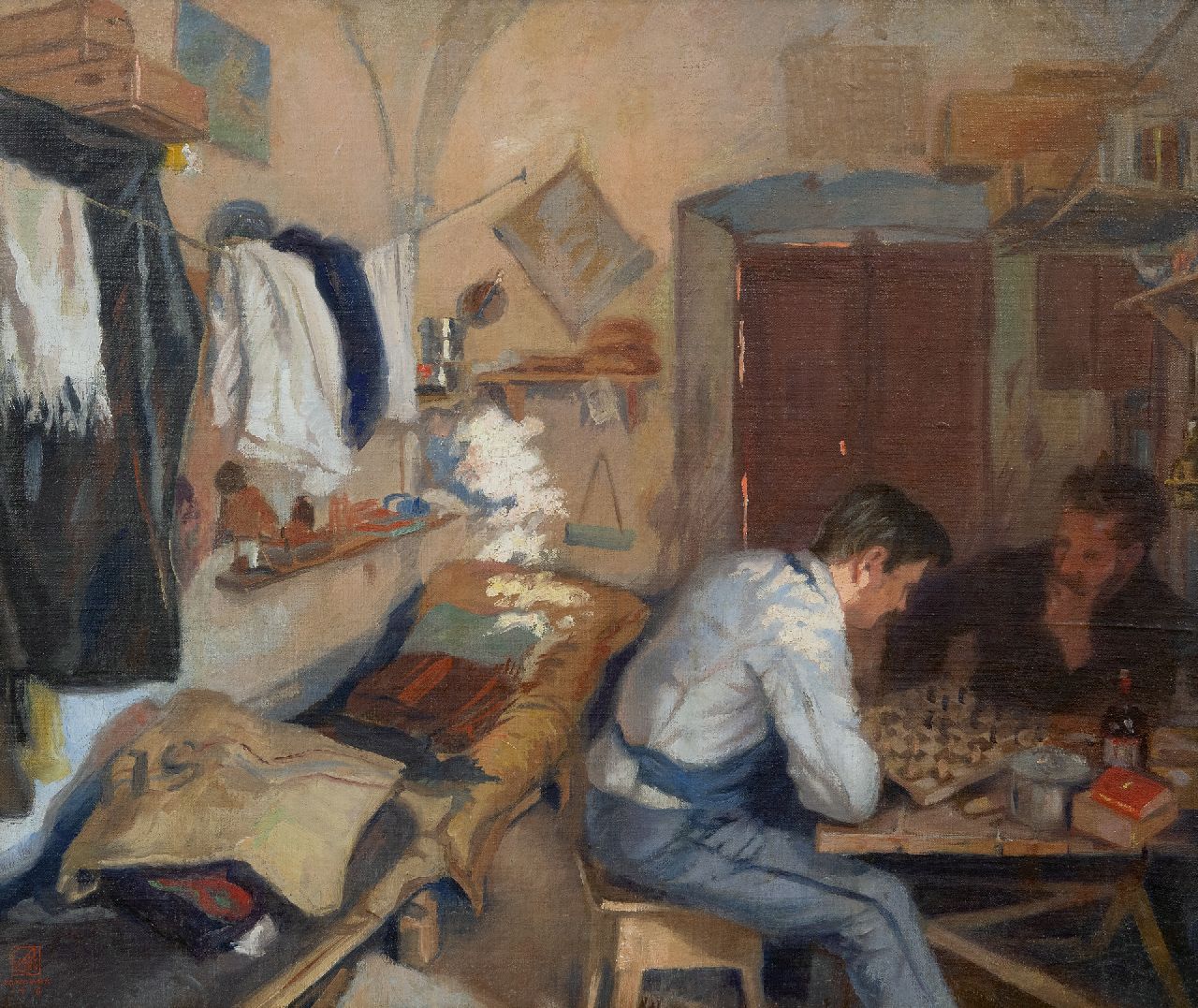 Protzen C.T.  | Carl Theodor Protzen | Schilderijen te koop aangeboden | Schaakspelers, olieverf op doek 50,0 x 59,0 cm, gesigneerd linksonder met monogram en gedateerd 1916