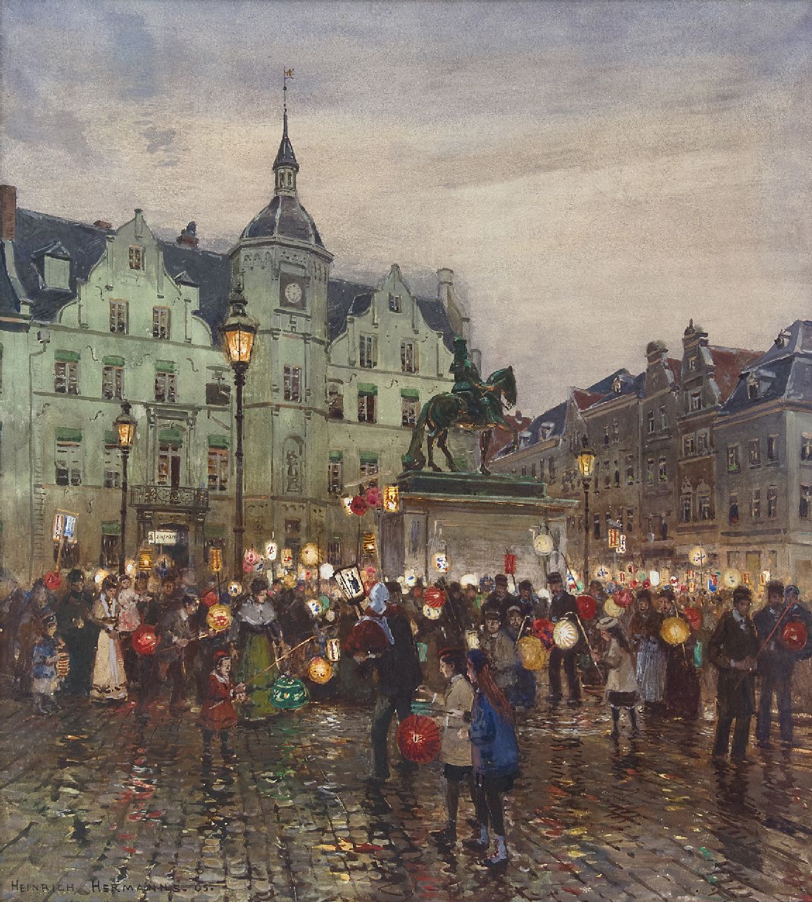 Hermanns H. | Heinrich Hermanns, Sint-Maarten optocht voor het raadhuis van Düsseldorf, aquarel en gouache op papier 58,2 x 52,3 cm, gesigneerd linksonder en gedateerd '05 Hermanns H. | Heinrich Hermanns, Sint-Maarten optocht voor het raadhuis van Düsseldorf, aquarel en gouache op papier 58,2 x 52,3 cm, gesigneerd linksonder en gedateerd '05