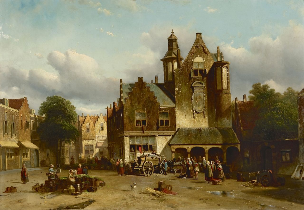 Vrolijk J.A. | Jacobus 'Adriaan' Vrolijk, Marktgezicht met visbank en gebouw geïnspireerd op het Haagse Binnenhof, olieverf op paneel 48,0 x 68,0 cm, gesigneerd rechtsonder en gedateerd '58 Vrolijk J.A. | Jacobus 'Adriaan' Vrolijk, Marktgezicht met visbank en gebouw geïnspireerd op het Haagse Binnenhof, olieverf op paneel 48,0 x 68,0 cm, gesigneerd rechtsonder en gedateerd '58