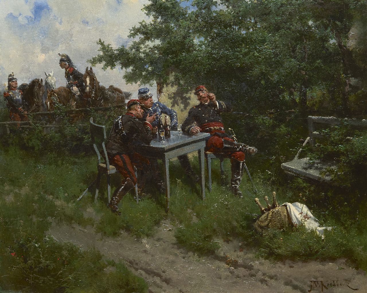 Koekkoek H.W. | Hermanus Willem Koekkoek, Franse officieren en bereden kurassiers op oefening, olieverf op doek 43,5 x 53,2 cm, gesigneerd rechtsonder en te dateren 1892 Koekkoek H.W. | Hermanus Willem Koekkoek, Franse officieren en bereden kurassiers op oefening, olieverf op doek 43,5 x 53,2 cm, gesigneerd rechtsonder en te dateren 1892