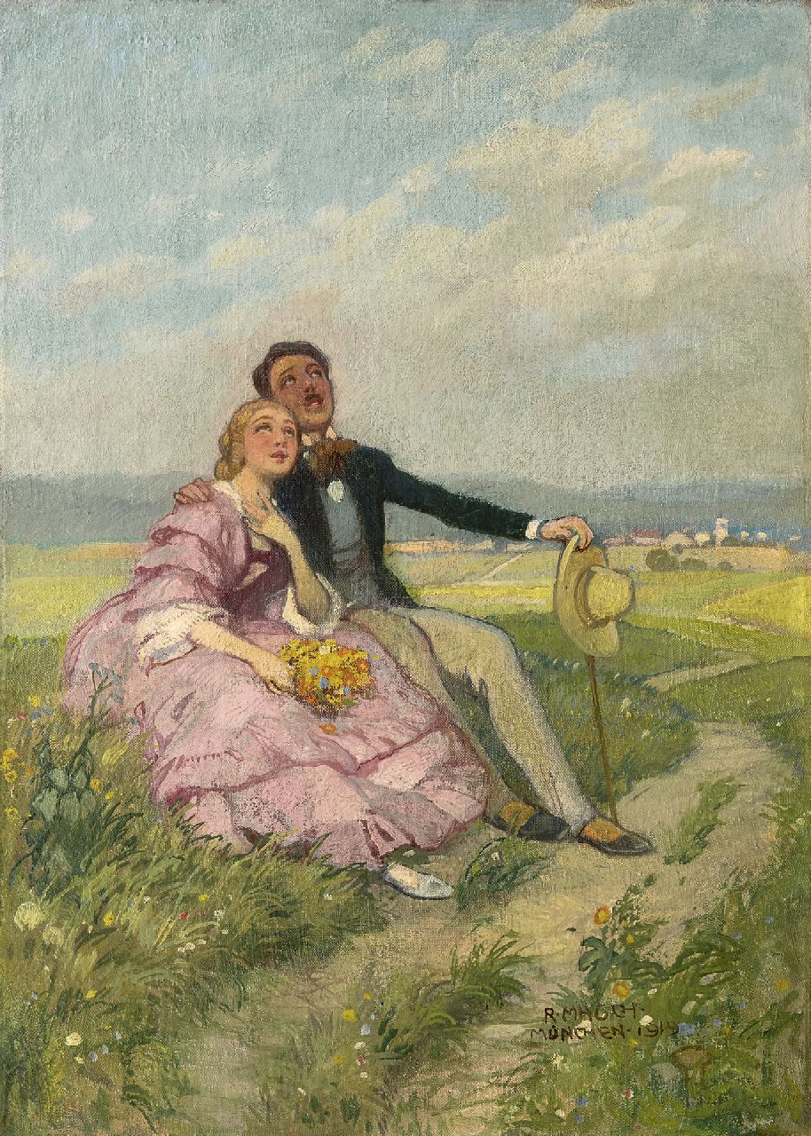 Mauch R.  | Richard Mauch | Schilderijen te koop aangeboden | Romantische zondagmiddag, olieverf op doek 50,8 x 36,5 cm, gesigneerd rechtsonder en gedateerd 'München 1919'