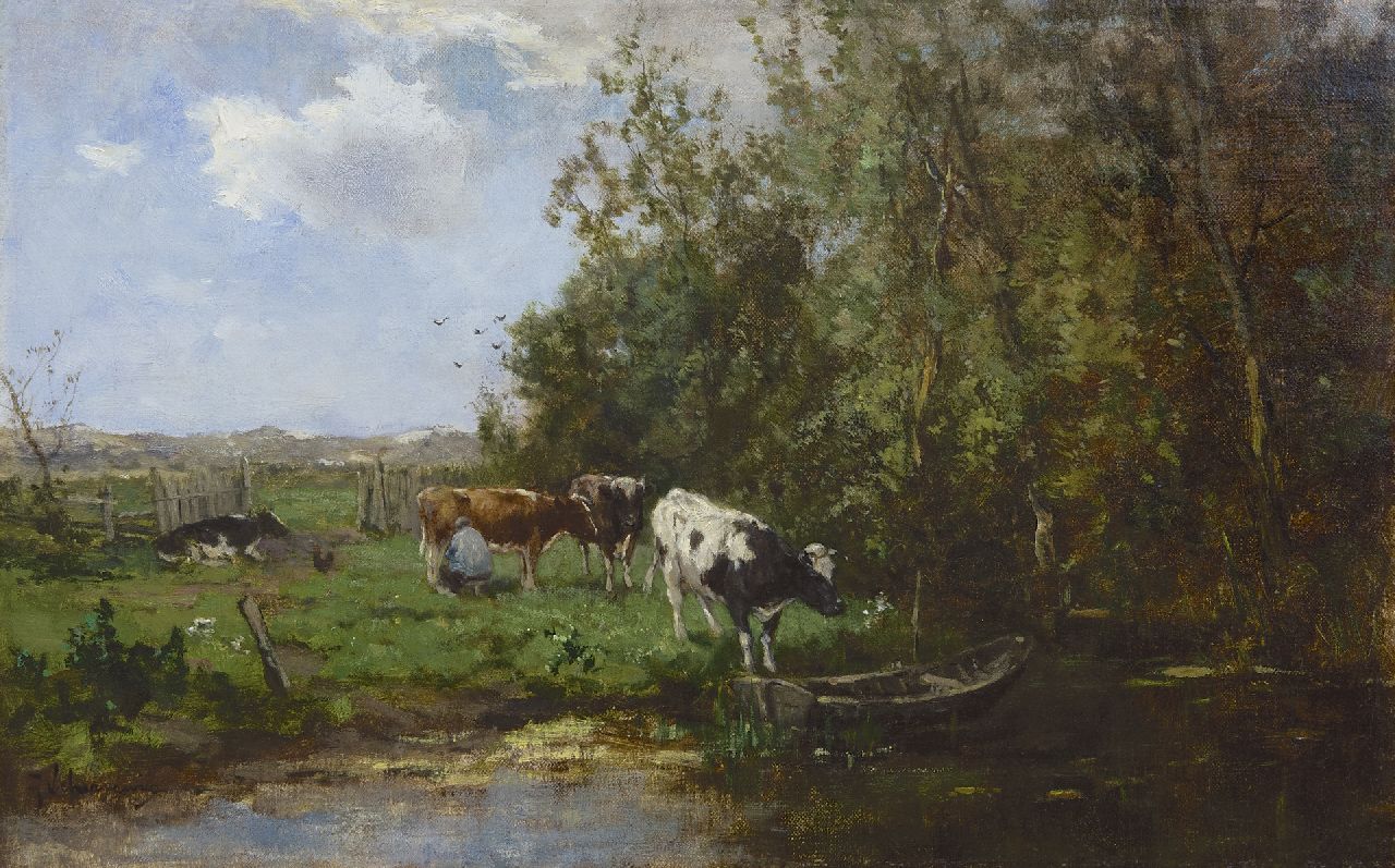 Scherrewitz J.F.C. | Johan Frederik Cornelis Scherrewitz, Koeien melken achter de duinen, olieverf op doek 35,7 x 55,4 cm, gesigneerd linksonder Scherrewitz J.F.C. | Johan Frederik Cornelis Scherrewitz, Koeien melken achter de duinen, olieverf op doek 35,7 x 55,4 cm, gesigneerd linksonder