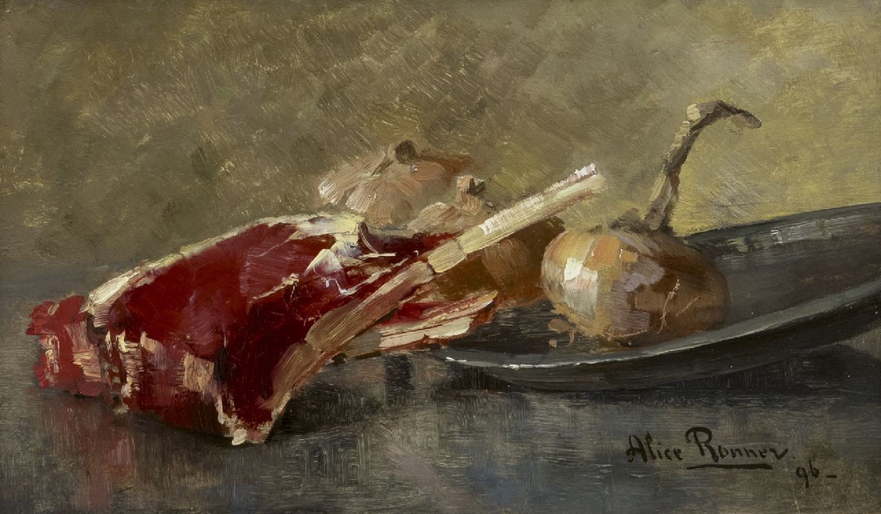 Ronner A.E.H. | 'Alice' Emma Henriette Ronner, Kotelet en tinnen bord, olieverf op paneel 13,6 x 23,0 cm, gesigneerd rechtsonder en gedateerd '96 Ronner A.E.H. | 'Alice' Emma Henriette Ronner, Kotelet en tinnen bord, olieverf op paneel 13,6 x 23,0 cm, gesigneerd rechtsonder en gedateerd '96