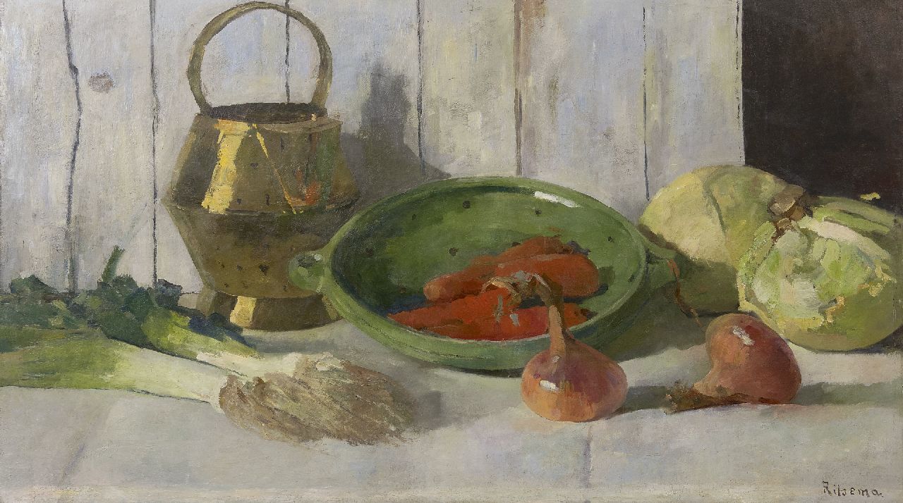 Ritsema J.J. | Jacoba Johanna 'Coba' Ritsema, Stilleven met groente en aardewerken vergiet, olieverf op doek 67,0 x 118,4 cm, gesigneerd rechtsonder Ritsema J.J. | Jacoba Johanna 'Coba' Ritsema, Stilleven met groente en aardewerken vergiet, olieverf op doek 67,0 x 118,4 cm, gesigneerd rechtsonder