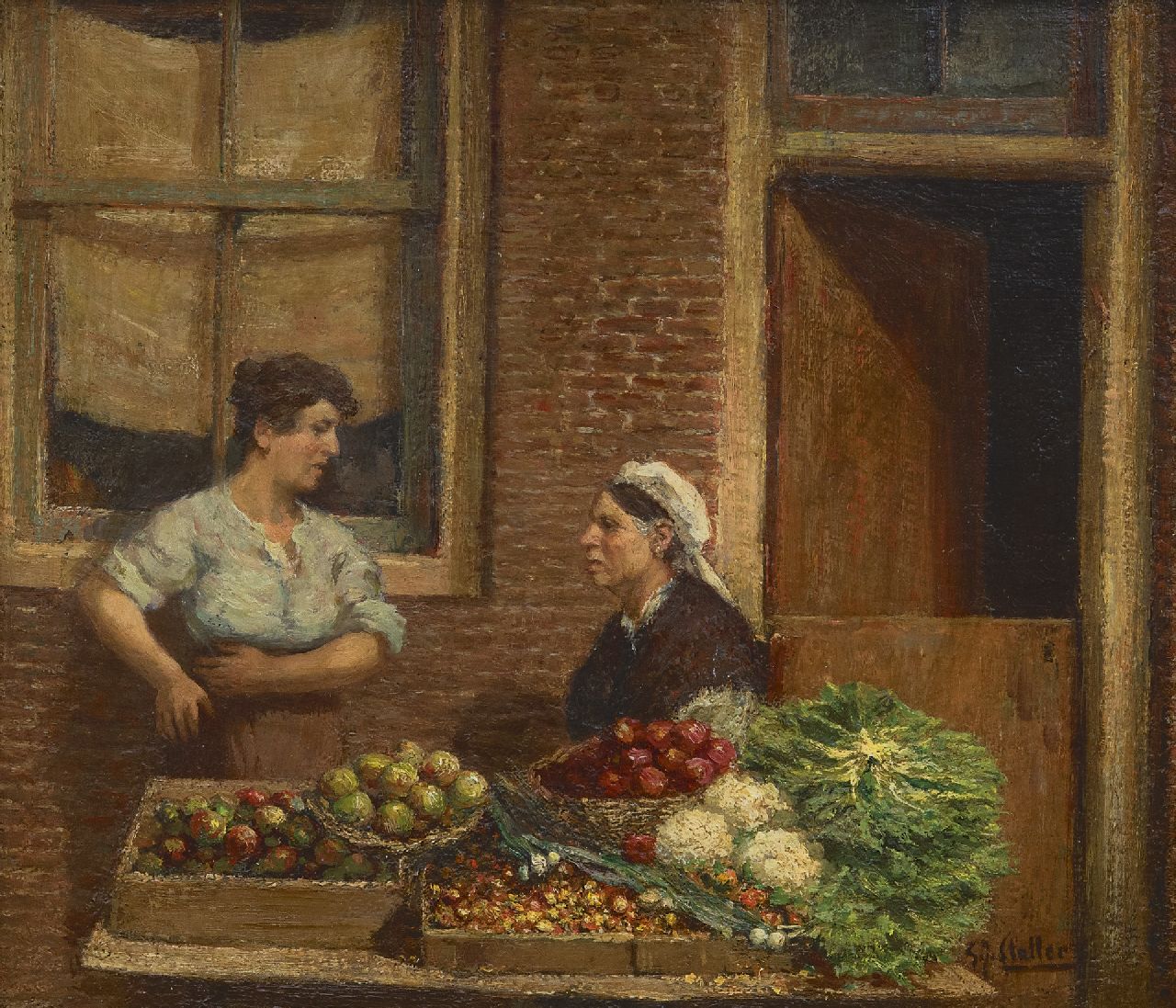 Staller G.J. | Gerard Johan Staller, Groenteverkoopsters, Amsterdam, olieverf op paneel 18,8 x 21,9 cm, gesigneerd rechtsonder Staller G.J. | Gerard Johan Staller, Groenteverkoopsters, Amsterdam, olieverf op paneel 18,8 x 21,9 cm, gesigneerd rechtsonder