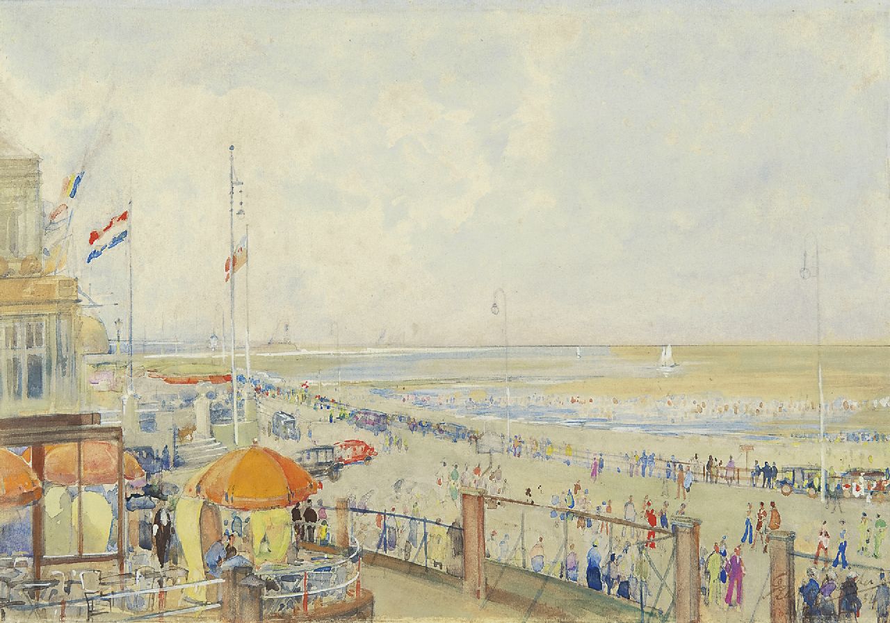 Bakker F. | Frans Bakker, Zomers Scheveningen, aquarel op papier 24,0 x 34,1 cm, gesigneerd rechtsonder en gedateerd '34 Bakker F. | Frans Bakker, Zomers Scheveningen, aquarel op papier 24,0 x 34,1 cm, gesigneerd rechtsonder en gedateerd '34