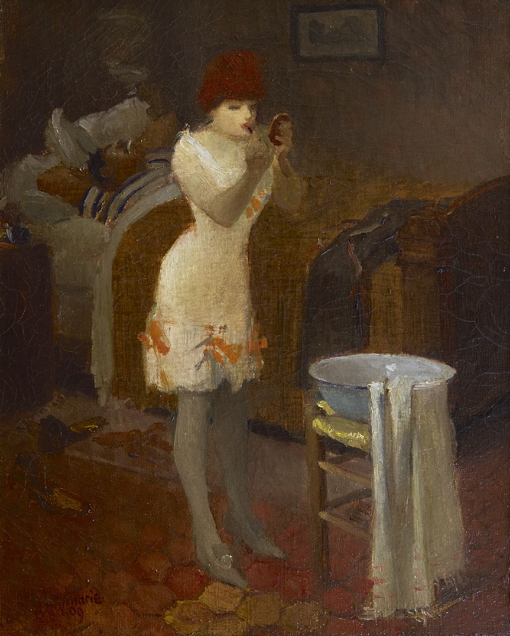 Leymarie A.L. | Auguste Louis Leymarie, Het ochtendtoilet, olieverf op doek 40,9 x 32,5 cm, gesigneerd linksonder en gedateerd '09 Leymarie A.L. | Auguste Louis Leymarie, Het ochtendtoilet, olieverf op doek 40,9 x 32,5 cm, gesigneerd linksonder en gedateerd '09
