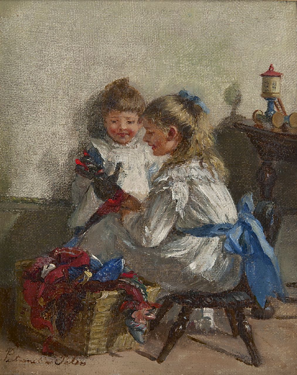Peters P.  | Pietronella Peters, Het poppenspel, olieverf op doek op schildersboard 19,8 x 26,1 cm, gesigneerd linksonder