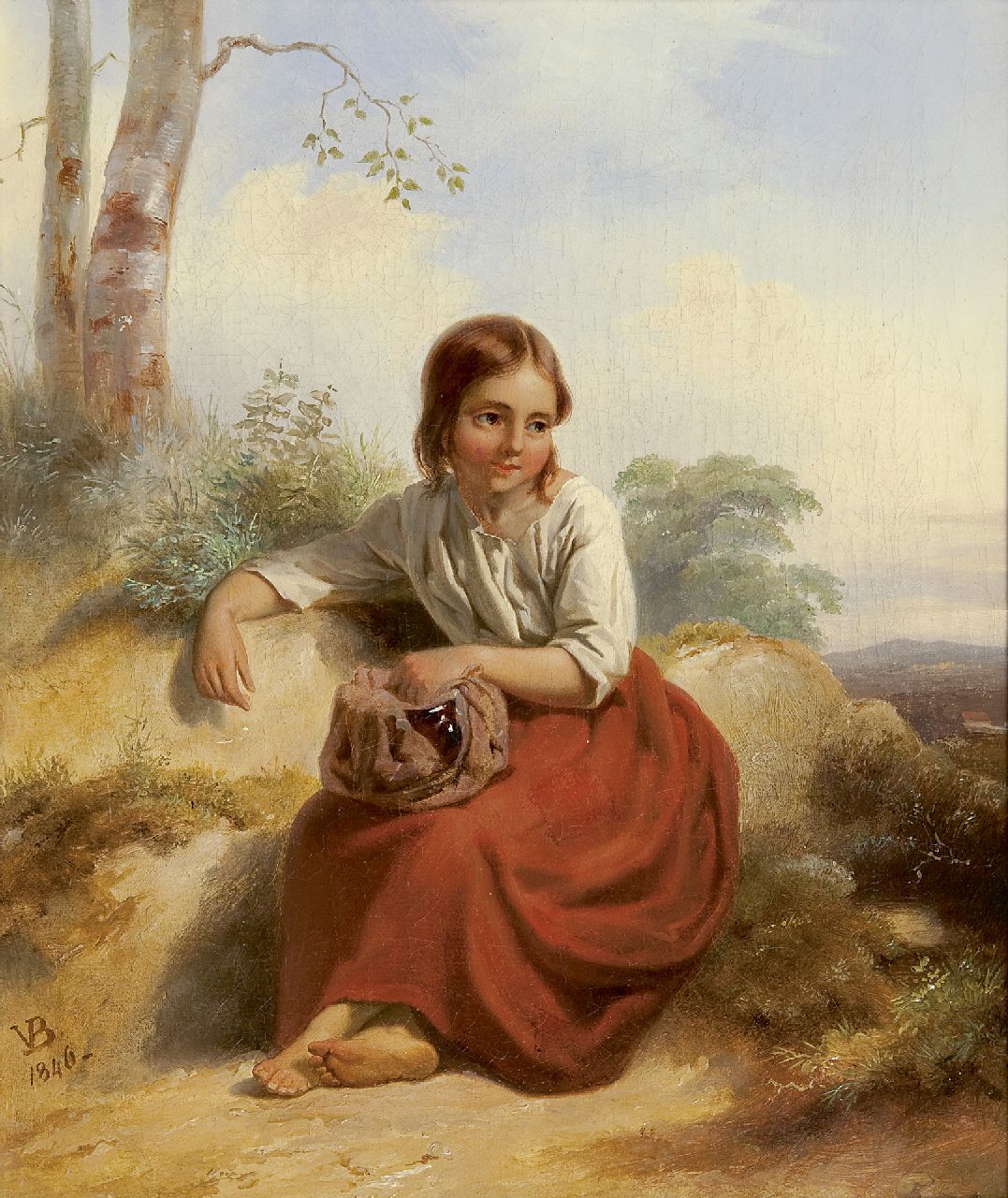 Bing V. | Valentijn Bing, Herderinnetje, olieverf op doek 33,8 x 27,7 cm, gesigneerd linksonder met monogram en gedateerd 1846 Bing V. | Valentijn Bing, Herderinnetje, olieverf op doek 33,8 x 27,7 cm, gesigneerd linksonder met monogram en gedateerd 1846