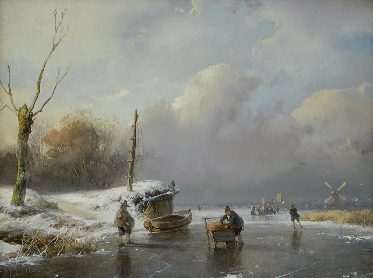Schelfhout A. | Andreas Schelfhout, Schaatsers en duwslee op een bevroren vaart, olieverf op paneel 14,6 x 18,8 cm, gesigneerd linksonder en gedateerd '48? Schelfhout A. | Andreas Schelfhout, Schaatsers en duwslee op een bevroren vaart, olieverf op paneel 14,6 x 18,8 cm, gesigneerd linksonder en gedateerd '48?