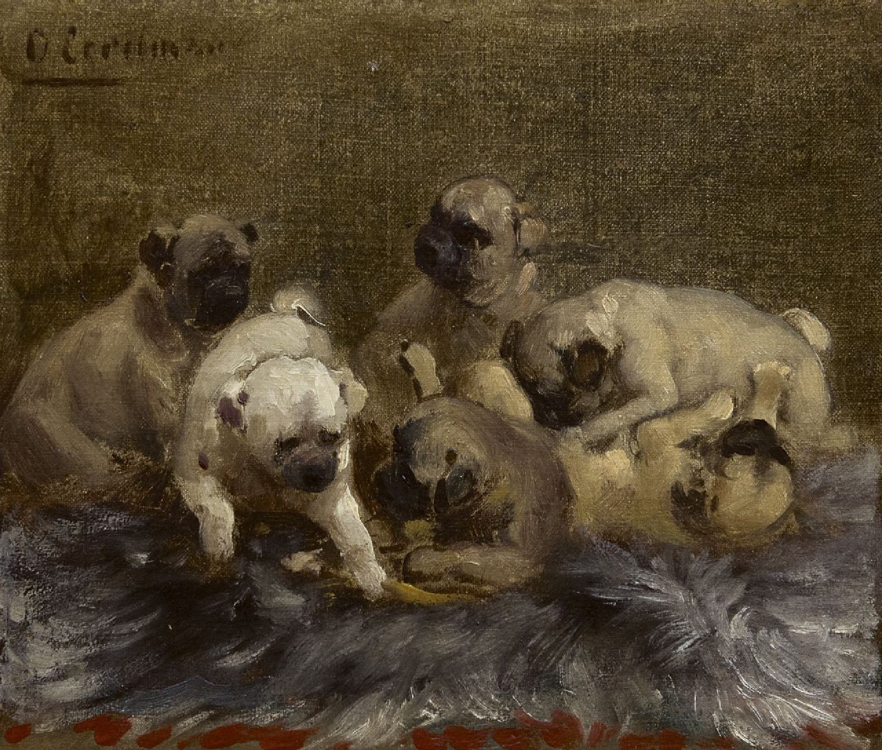 Eerelman O. | Otto Eerelman, Spelende pups, olieverf op doek op board 18,8 x 21,5 cm, gesigneerd linksboven Eerelman O. | Otto Eerelman, Spelende pups, olieverf op doek op board 18,8 x 21,5 cm, gesigneerd linksboven