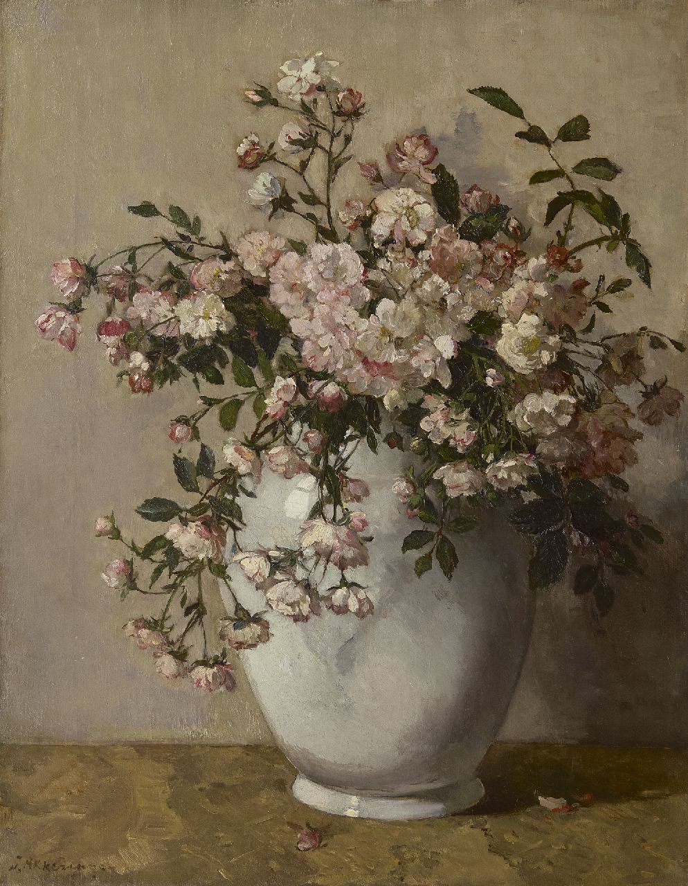 Akkeringa J.E.H. | 'Johannes Evert' Hendrik Akkeringa, Witte pot met trosroosjes, olieverf op doek 54,1 x 42,1 cm, gesigneerd linksonder Akkeringa J.E.H. | 'Johannes Evert' Hendrik Akkeringa, Witte pot met trosroosjes, olieverf op doek 54,1 x 42,1 cm, gesigneerd linksonder