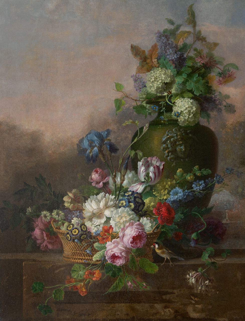 Leen W. van | Willem van Leen, Bloemstilleven met rozen, tulp, iris en andere bloemen, olieverf op doek 116,2 x 90,8 cm, gesigneerd met resten van signatuur Leen W. van | Willem van Leen, Bloemstilleven met rozen, tulp, iris en andere bloemen, olieverf op doek 116,2 x 90,8 cm, gesigneerd met resten van signatuur