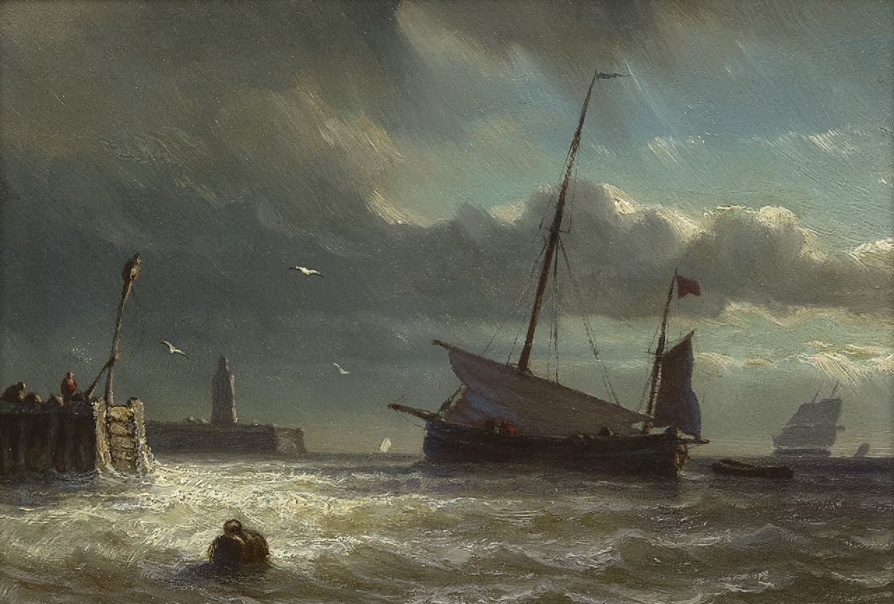Hoffmann G.J. | Georges Johannes Hoffmann | Schilderijen te koop aangeboden | Vissersschip voor een haveningang, olieverf op paneel 12,9 x 18,6 cm Hoffmann G.J. | Georges Johannes Hoffmann | Schilderijen te koop aangeboden | Vissersschip voor een haveningang, olieverf op paneel 12,9 x 18,6 cm