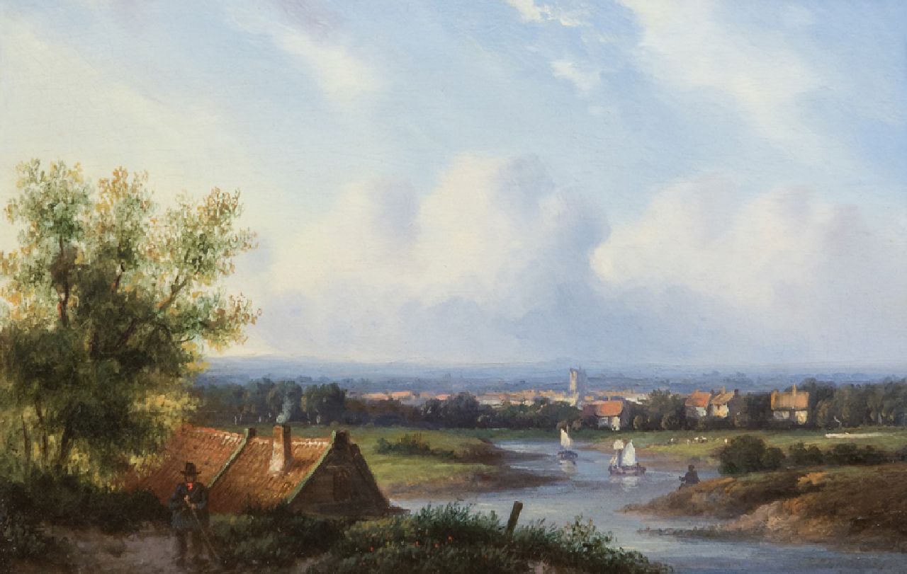 Ahrendts C.E. | Carl Eduard Ahrendts, Zomers rivierlandschap, olieverf op paneel 14,3 x 21,5 cm, gesigneerd rechtsonder (vaag) Ahrendts C.E. | Carl Eduard Ahrendts, Zomers rivierlandschap, olieverf op paneel 14,3 x 21,5 cm, gesigneerd rechtsonder (vaag)
