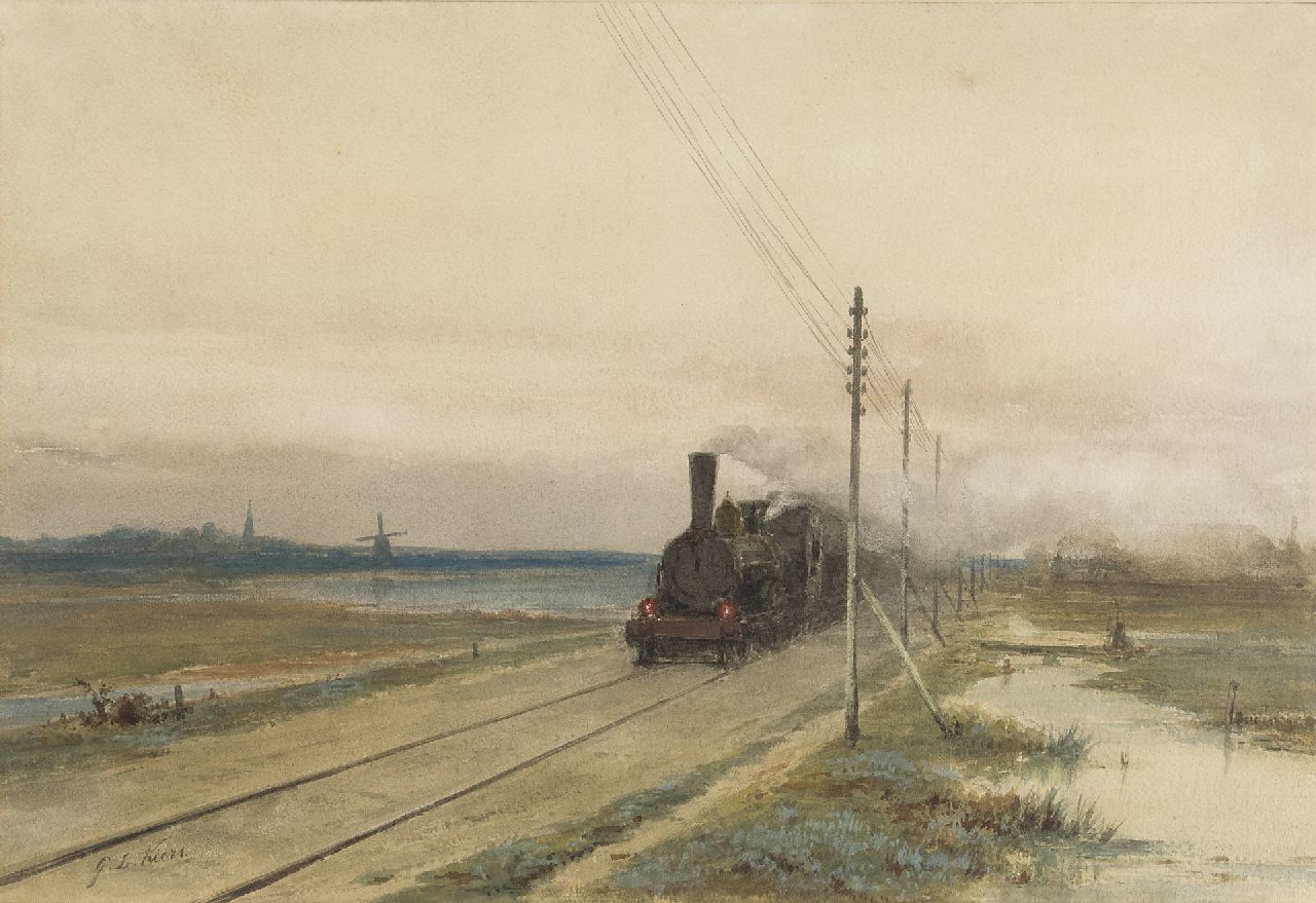 Kiers G.L. | George Lourens Kiers, Naderende trein in landschap, aquarel op papier 44,5 x 65,1 cm, gesigneerd linksonder Kiers G.L. | George Lourens Kiers, Naderende trein in landschap, aquarel op papier 44,5 x 65,1 cm, gesigneerd linksonder
