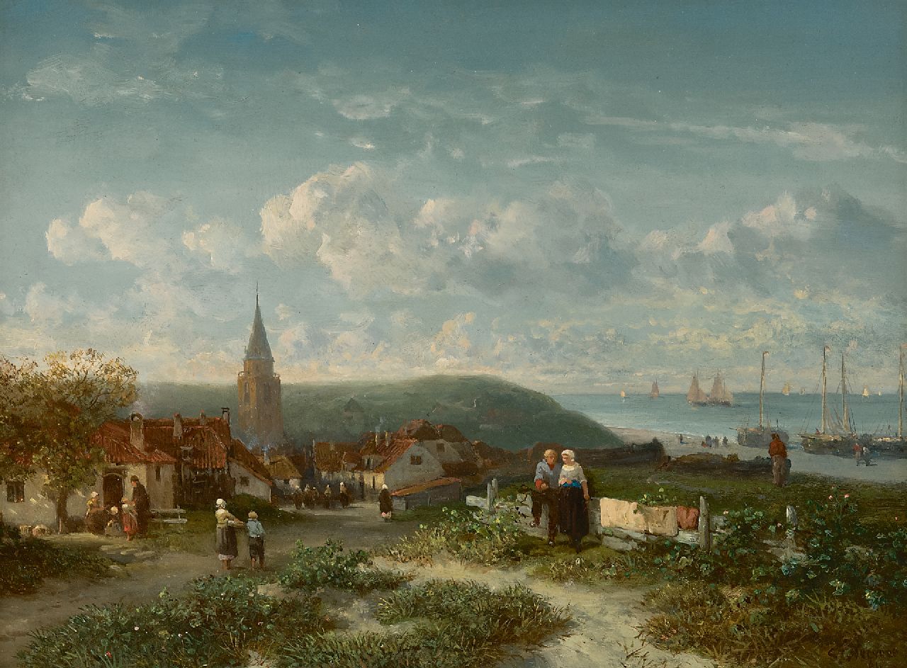 Verveer S.L.  | 'Salomon' Leonardus Verveer | Schilderijen te koop aangeboden | Panoramisch gezicht op het vissersdorp Scheveningen en het strand, olieverf op paneel 24,1 x 33,7 cm, gesigneerd rechtsonder en gedateerd '64