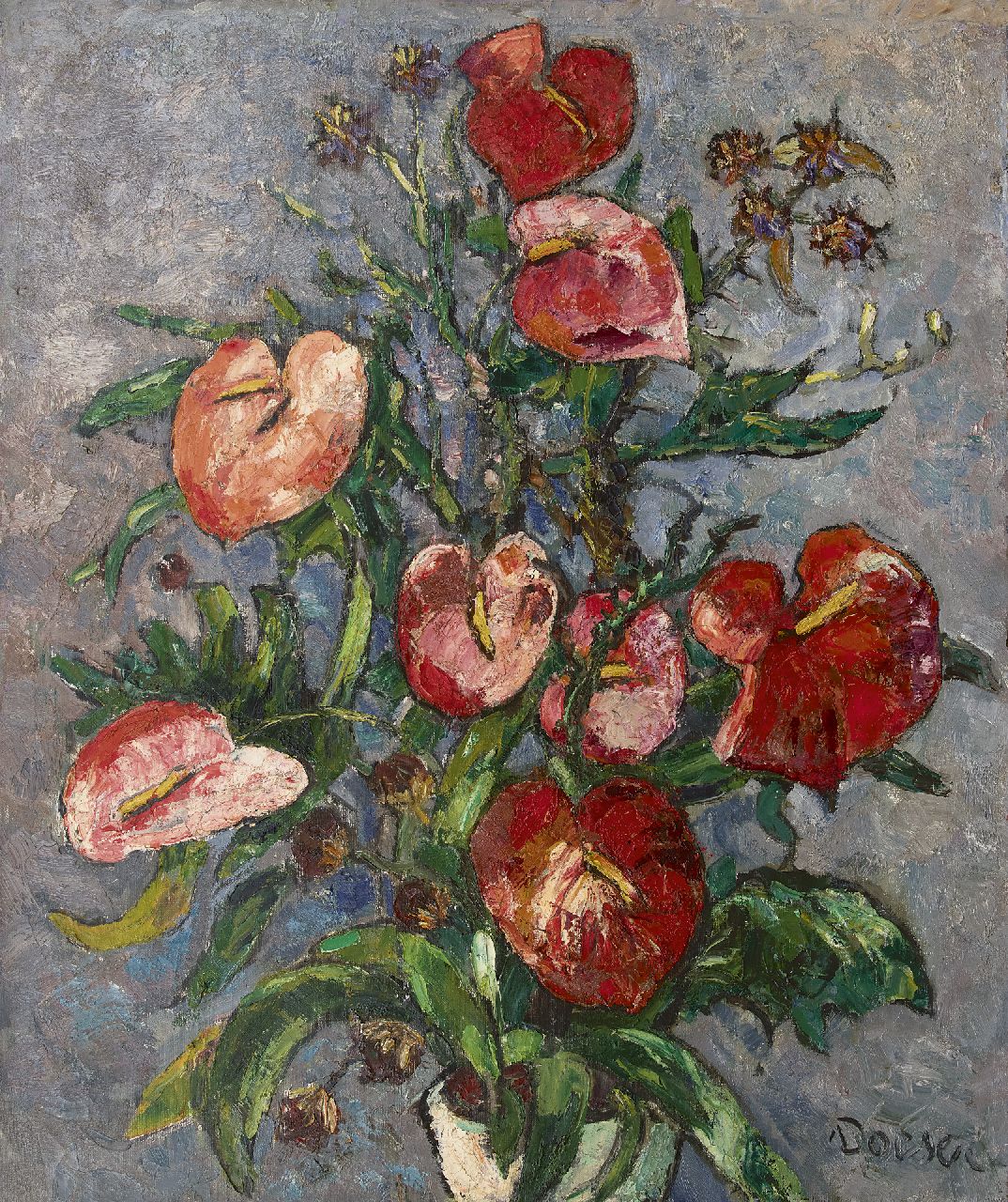 Doeser J.J. | 'Jacobus' Johannes Doeser, Stilleven met anthuriums, olieverf op doek 97,1 x 80,4 cm, gesigneerd rechtsonder Doeser J.J. | 'Jacobus' Johannes Doeser, Stilleven met anthuriums, olieverf op doek 97,1 x 80,4 cm, gesigneerd rechtsonder