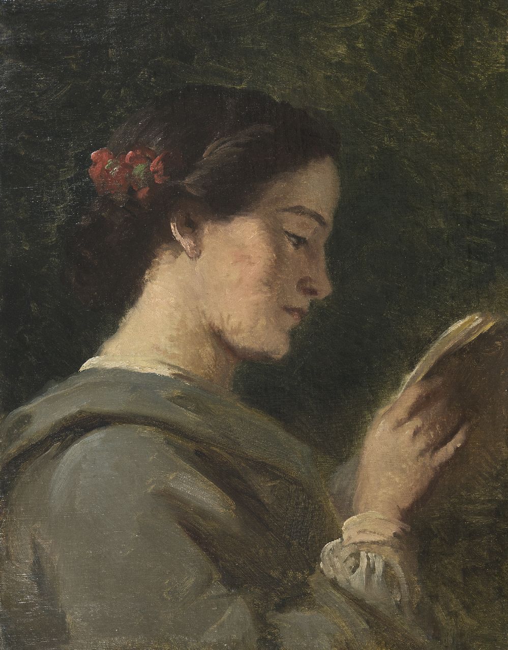 Wijngaerdt P.T. van | Petrus Theodorus 'Piet' van Wijngaerdt | Schilderijen te koop aangeboden | Lezende jonge vrouw, olieverf op doek 53,6 x 41,7 cm, zonder lijst