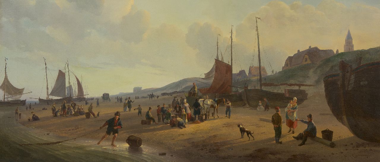 Couwenberg A.J.  | Abraham Johannes Couwenberg, Panoramisch strandgezicht bij Scheveningen, olieverf op doek 42,8 x 99,8 cm, gesigneerd rechtsonder