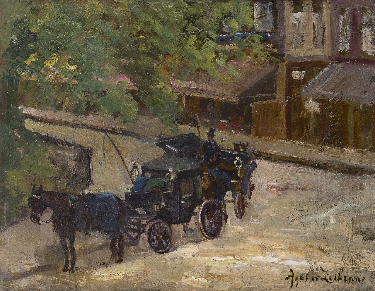 Agatha Zethraeus | Koetsjes op het Rembrandtplein, Amsterdam, olieverf op board, 28,0 x 35,5 cm, gesigneerd r.o.