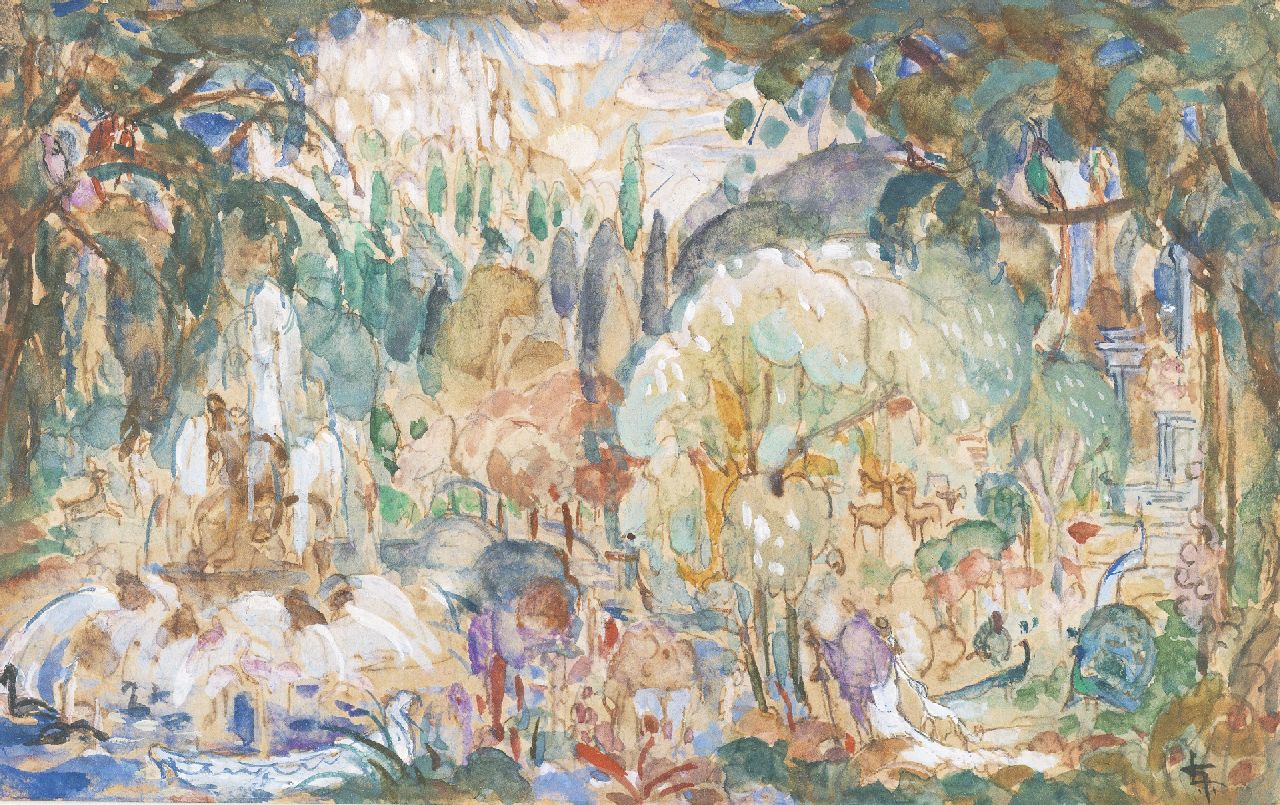 Gestel L. | Leendert 'Leo' Gestel, Het paradijs, aquarel en gouache op papier 8,9 x 14,1 cm, gesigneerd rechtsonder met monogram Gestel L. | Leendert 'Leo' Gestel, Het paradijs, aquarel en gouache op papier 8,9 x 14,1 cm, gesigneerd rechtsonder met monogram