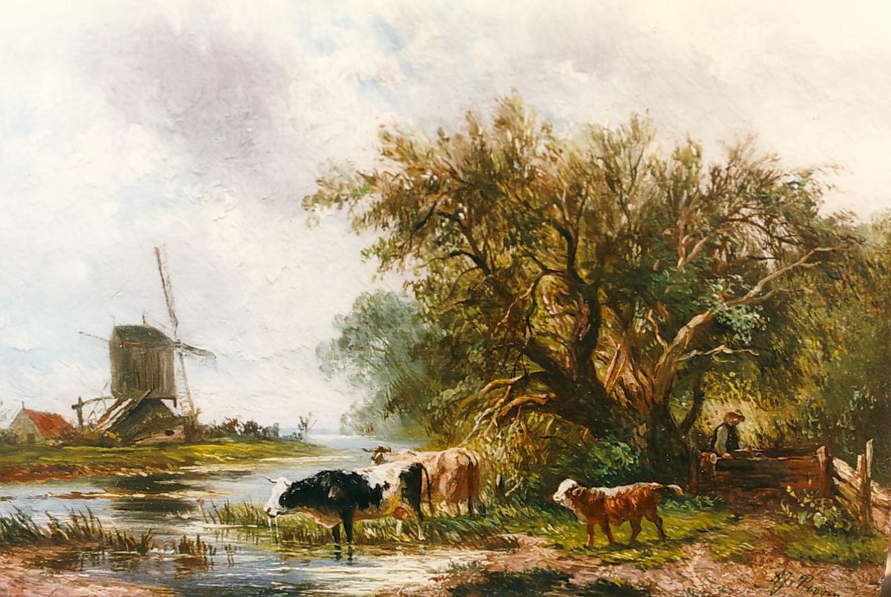 Prooijen A.J. van | Albert Jurardus van Prooijen, Rivierlandschap met koeien bij een molen, olieverf op paneel 13,5 x 20,2 cm, gesigneerd rechtsonder Prooijen A.J. van | Albert Jurardus van Prooijen, Rivierlandschap met koeien bij een molen, olieverf op paneel 13,5 x 20,2 cm, gesigneerd rechtsonder