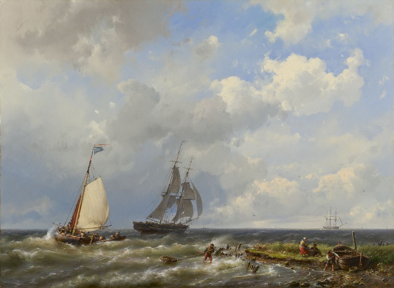 Koekkoek H. | Hermanus Koekkoek, Laverende tjalk en brik voor de kust, olieverf op doek 55,6 x 75,4 cm, gesigneerd rechtsonder en gedateerd 1858 VERKOCHT Koekkoek H. | Hermanus Koekkoek, Laverende tjalk en brik voor de kust, olieverf op doek 55,6 x 75,4 cm, gesigneerd rechtsonder en gedateerd 1858 VERKOCHT