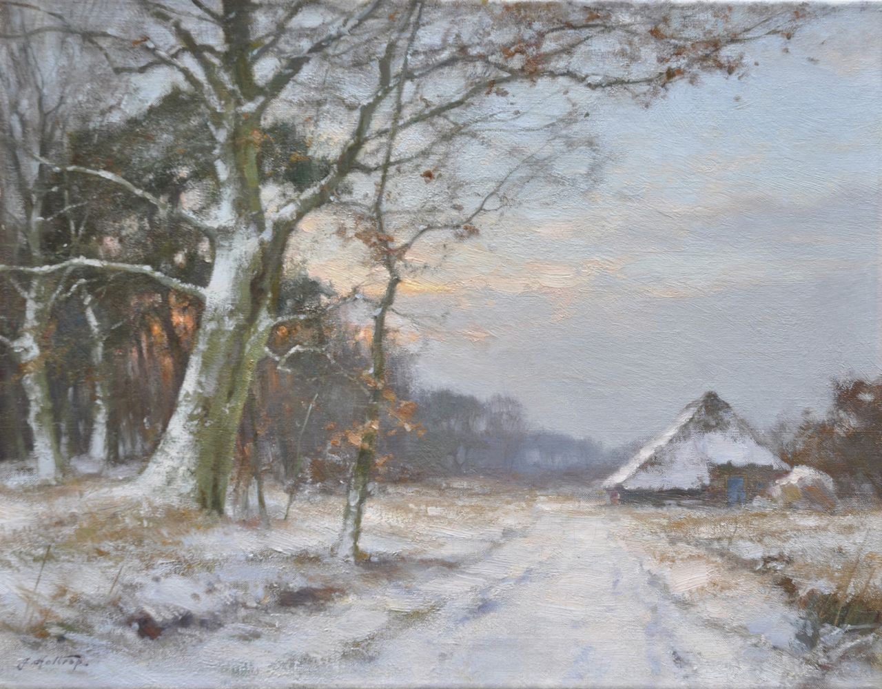 Holtrup J. | Jan Holtrup, Winteravond Achterhoek, olieverf op doek 35,3 x 45,2 cm, gesigneerd linksonder Holtrup J. | Jan Holtrup, Winteravond Achterhoek, olieverf op doek 35,3 x 45,2 cm, gesigneerd linksonder