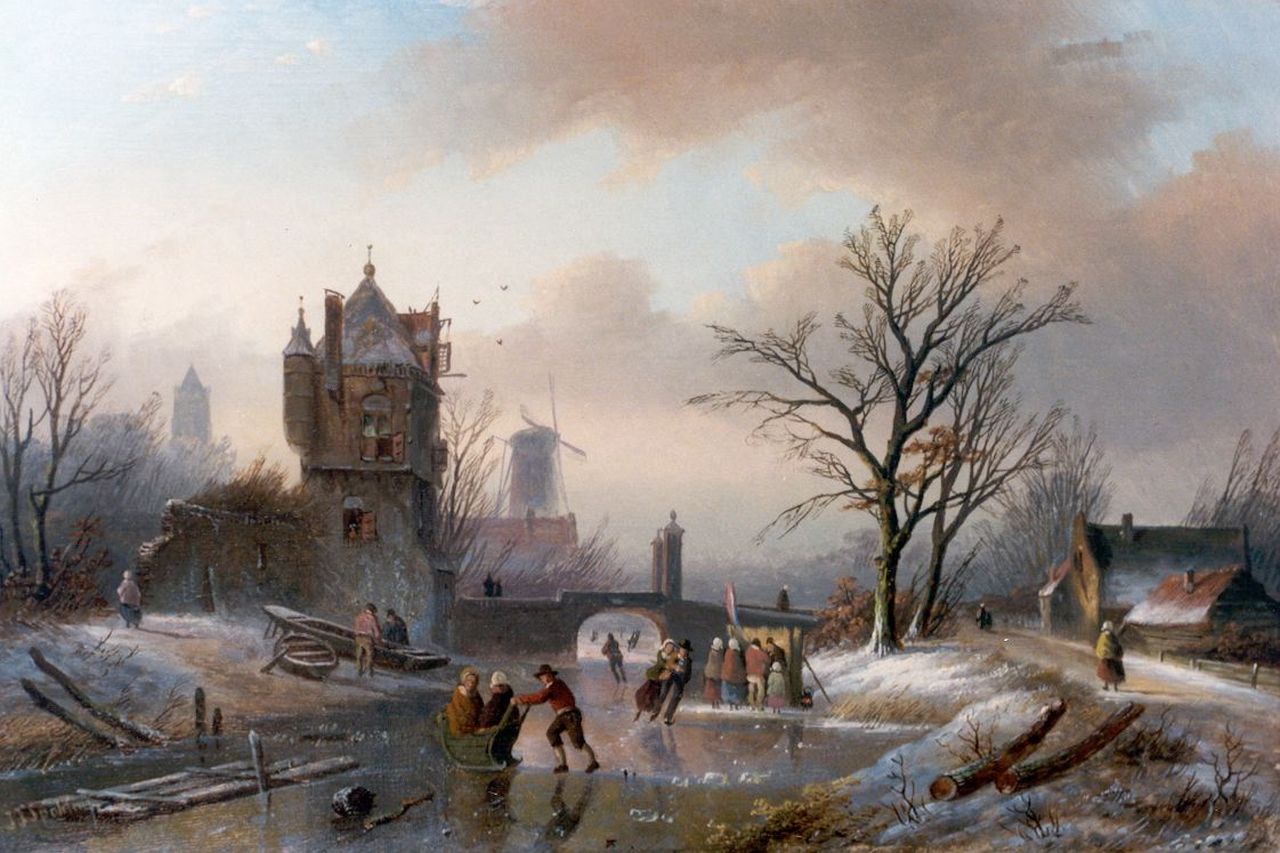 Spohler J.J.  | Jan Jacob Spohler, IJsgezicht met schaatsers bij een ruine, olieverf op paneel 22,3 x 33,5 cm, gesigneerd linksonder