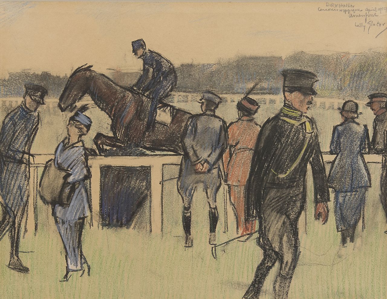 Sluiter J.W.  | Jan Willem 'Willy' Sluiter | Aquarellen en tekeningen te koop aangeboden | Concours Hippique op Birkhoven, gekleurd krijt op papier 27,2 x 36,0 cm, gesigneerd rechtsboven en gedateerd 'april 1910 Amersfoort'