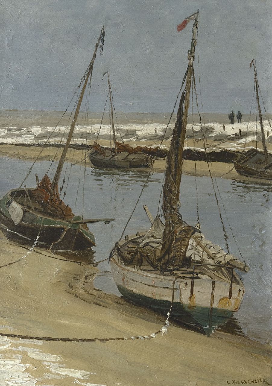 Berkemeier L.G.J. | 'Ludolph' Georg Julius Berkemeier | Schilderijen te koop aangeboden | De Uitwatering in Katwijk aan Zee bij eb, olieverf op paneel 35,5 x 25,1 cm, gesigneerd rechtsonder Berkemeier L.G.J. | 'Ludolph' Georg Julius Berkemeier | Schilderijen te koop aangeboden | De Uitwatering in Katwijk aan Zee bij eb, olieverf op paneel 35,5 x 25,1 cm, gesigneerd rechtsonder