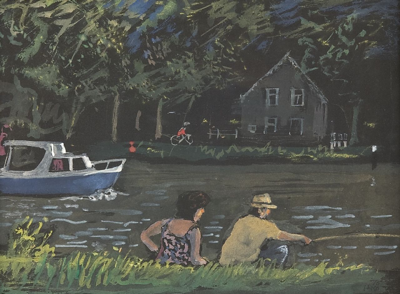 Kamerlingh Onnes H.H. | 'Harm' Henrick Kamerlingh Onnes, Zomerse dag aan het water, aquarel op papier 22,7 x 31,2 cm, gesigneerd rechtsonder met monogram en gedateerd '75 Kamerlingh Onnes H.H. | 'Harm' Henrick Kamerlingh Onnes, Zomerse dag aan het water, aquarel op papier 22,7 x 31,2 cm, gesigneerd rechtsonder met monogram en gedateerd '75