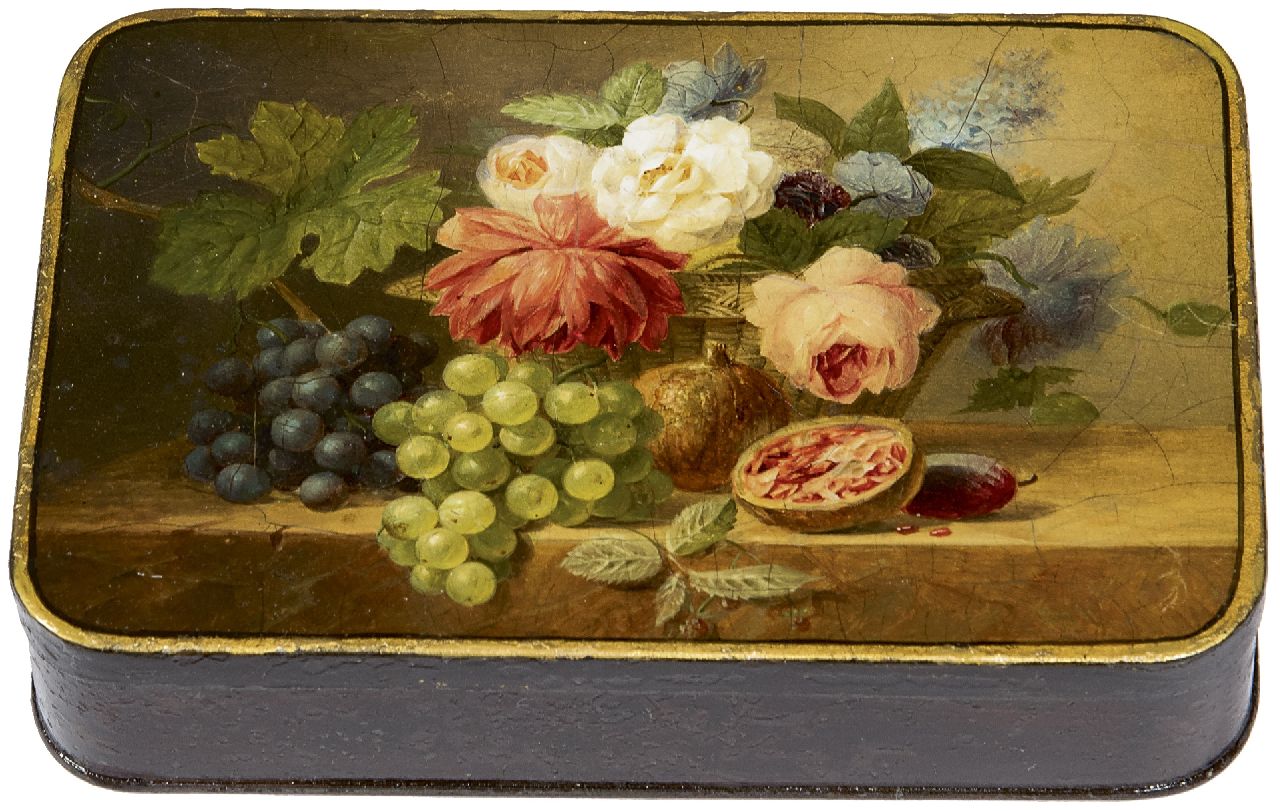 Bloemers A. | Arnoldus Bloemers, Doosje beschilderd met bloemen en vruchten, olieverf op blik 9,3 x 14,0 cm, te dateren ca. 1833 Bloemers A. | Arnoldus Bloemers, Doosje beschilderd met bloemen en vruchten, olieverf op blik 9,3 x 14,0 cm, te dateren ca. 1833