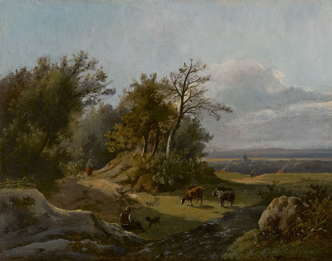 Haan F.A. de | Franciscus Antonius de Haan, Herder met vee in zonnig heuvellandschap, olieverf op paneel 21,2 x 26,9 cm, gesigneerd linksonder en gedateerd 1850 Haan F.A. de | Franciscus Antonius de Haan, Herder met vee in zonnig heuvellandschap, olieverf op paneel 21,2 x 26,9 cm, gesigneerd linksonder en gedateerd 1850