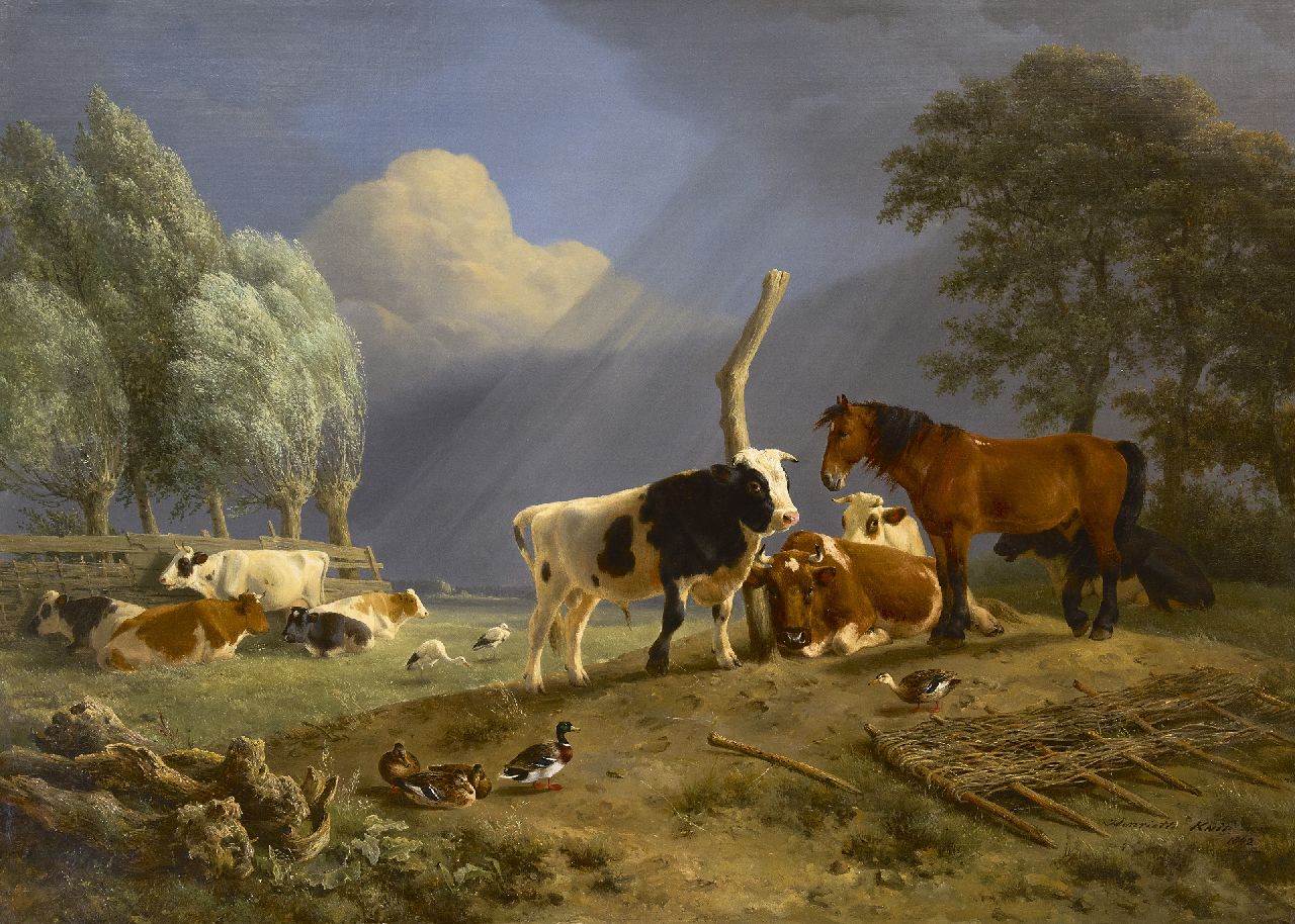 Ronner-Knip H. | Henriette Ronner-Knip, Weidelandschap met paard en rundvee bij opkomende storm, olieverf op doek 75,9 x 104,6 cm, gesigneerd rechtsonder en gedateerd 1842 Ronner-Knip H. | Henriette Ronner-Knip, Weidelandschap met paard en rundvee bij opkomende storm, olieverf op doek 75,9 x 104,6 cm, gesigneerd rechtsonder en gedateerd 1842