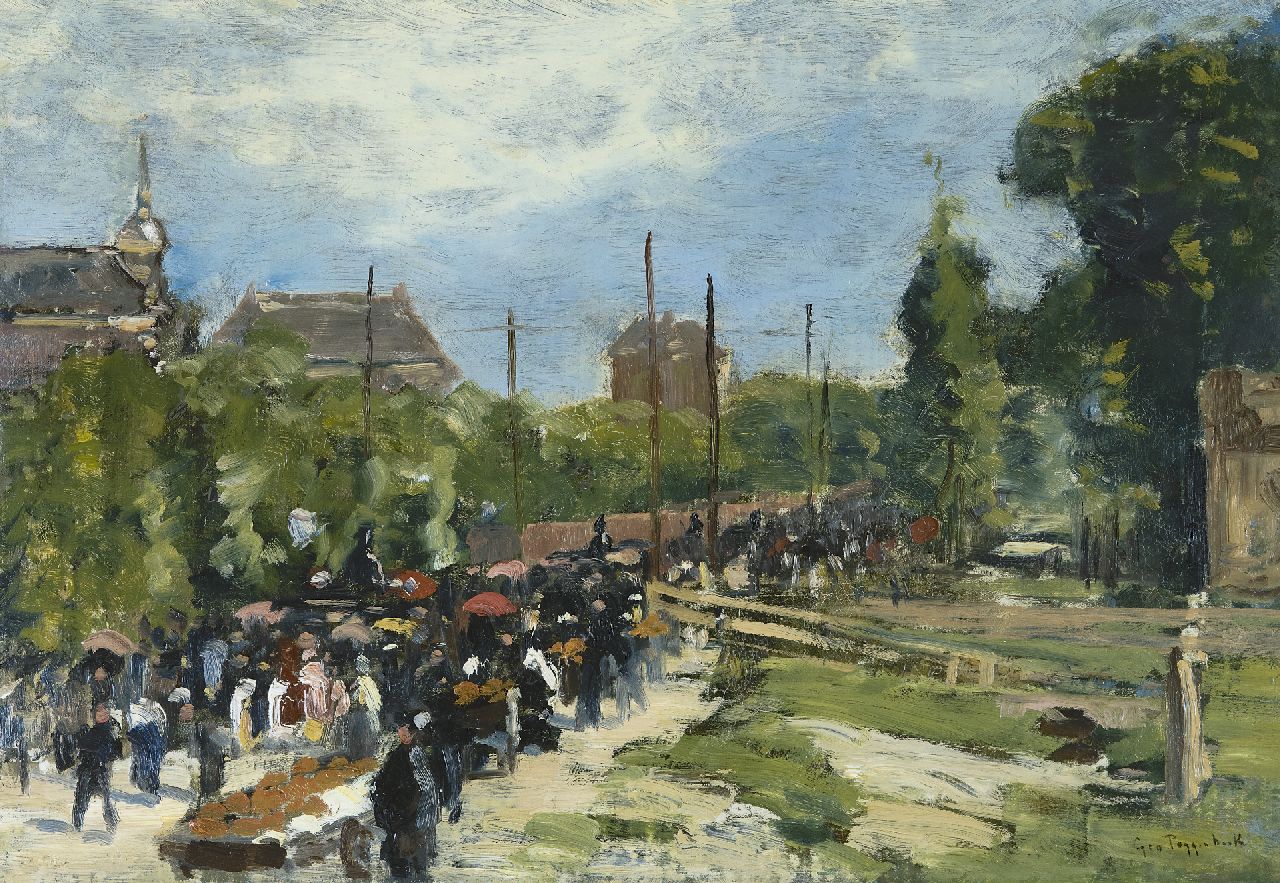 Poggenbeek G.J.H.  | George Jan Hendrik 'Geo' Poggenbeek | Schilderijen te koop aangeboden | Optocht in Amsterdam, olieverf op doek 33,9 x 48,2 cm, gesigneerd rechtsonder