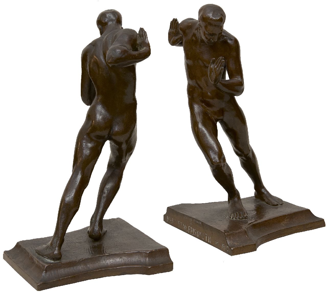 Frishmuth H.W.  | Harriet Withney Frishmuth | Beelden en objecten te koop aangeboden | Duwende mannen, bruin gepatineerd brons 19,7 x 11,0 cm, gesigneerd op zijkant basis en gedateerd op de basis 1912
