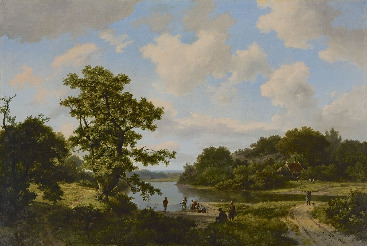 Koekkoek/Koekkoek sr. M.A. I /H. M.A.I /H.  | Marinus Adrianus /Hermanus Koekkoek/Koekkoek sr. M.A. I /H., Boomrijk landschap met vissers bij een rivier, olieverf op doek 67,0 x 99,8 cm, gesigneerd rechtsonder en gedateerd 1866