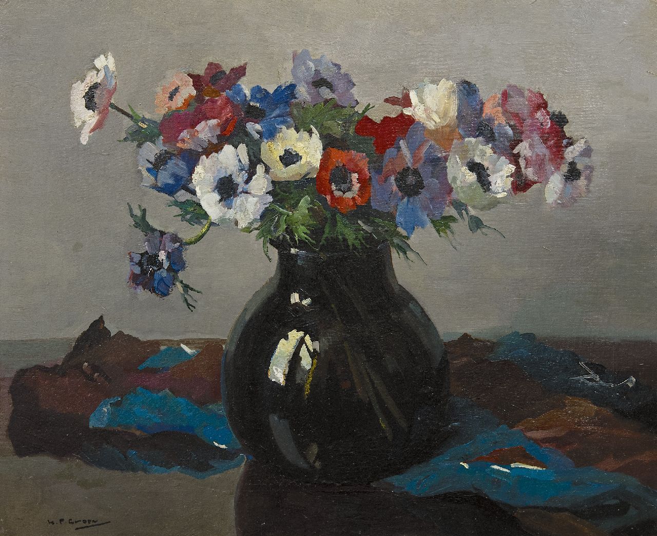 Groen H.P.  | Hendrik Pieter 'Piet' Groen, Anemonen in vaas, olieverf op doek 45,0 x 55,1 cm, gesigneerd l.o