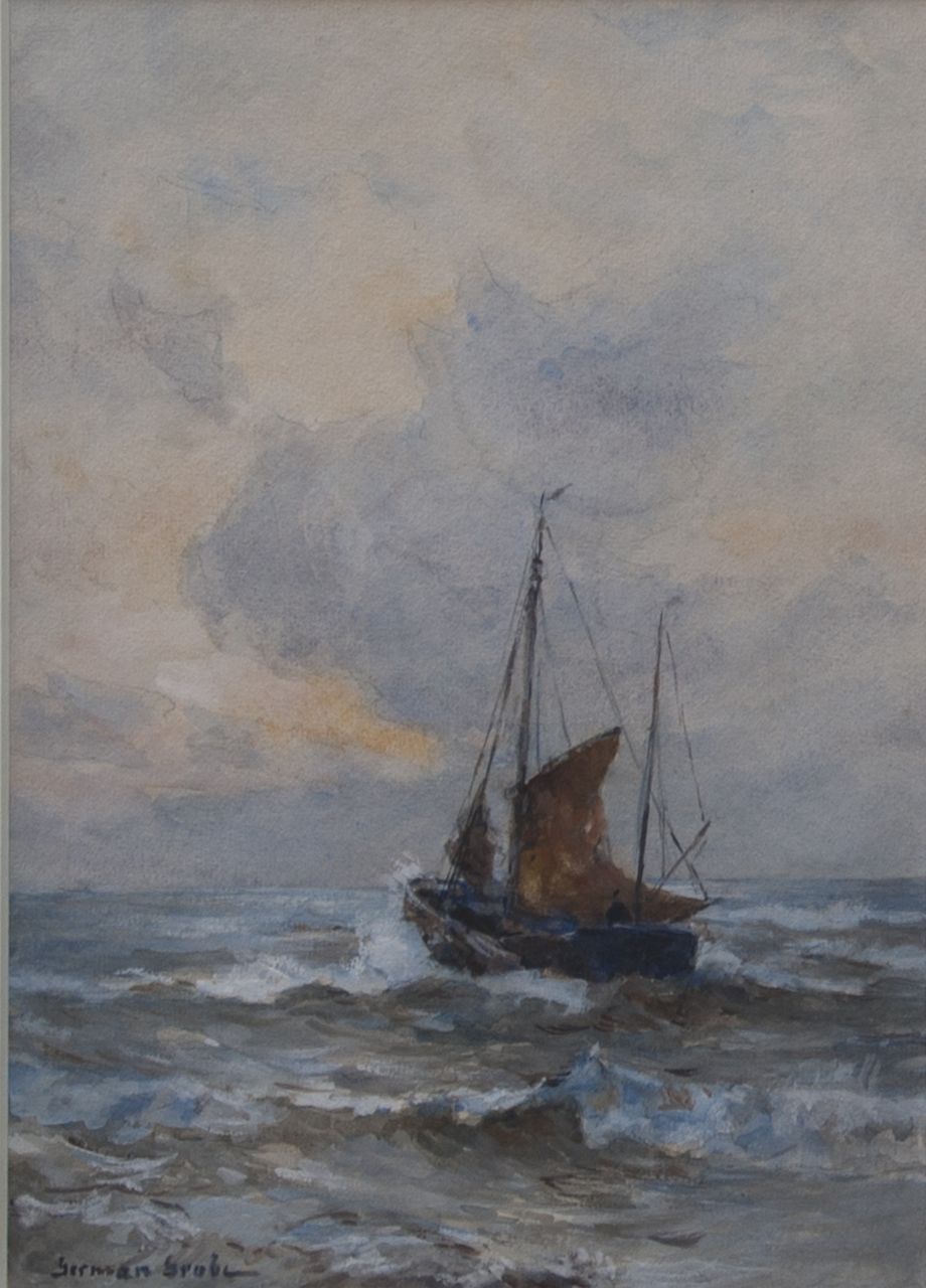 Grobe P.G. | Philipp 'German' Grobe, Uitvarende bomschuit bij Katwijk, aquarel op papier 33,3 x 23,3 cm, gesigneerd linksonder Grobe P.G. | Philipp 'German' Grobe, Uitvarende bomschuit bij Katwijk, aquarel op papier 33,3 x 23,3 cm, gesigneerd linksonder