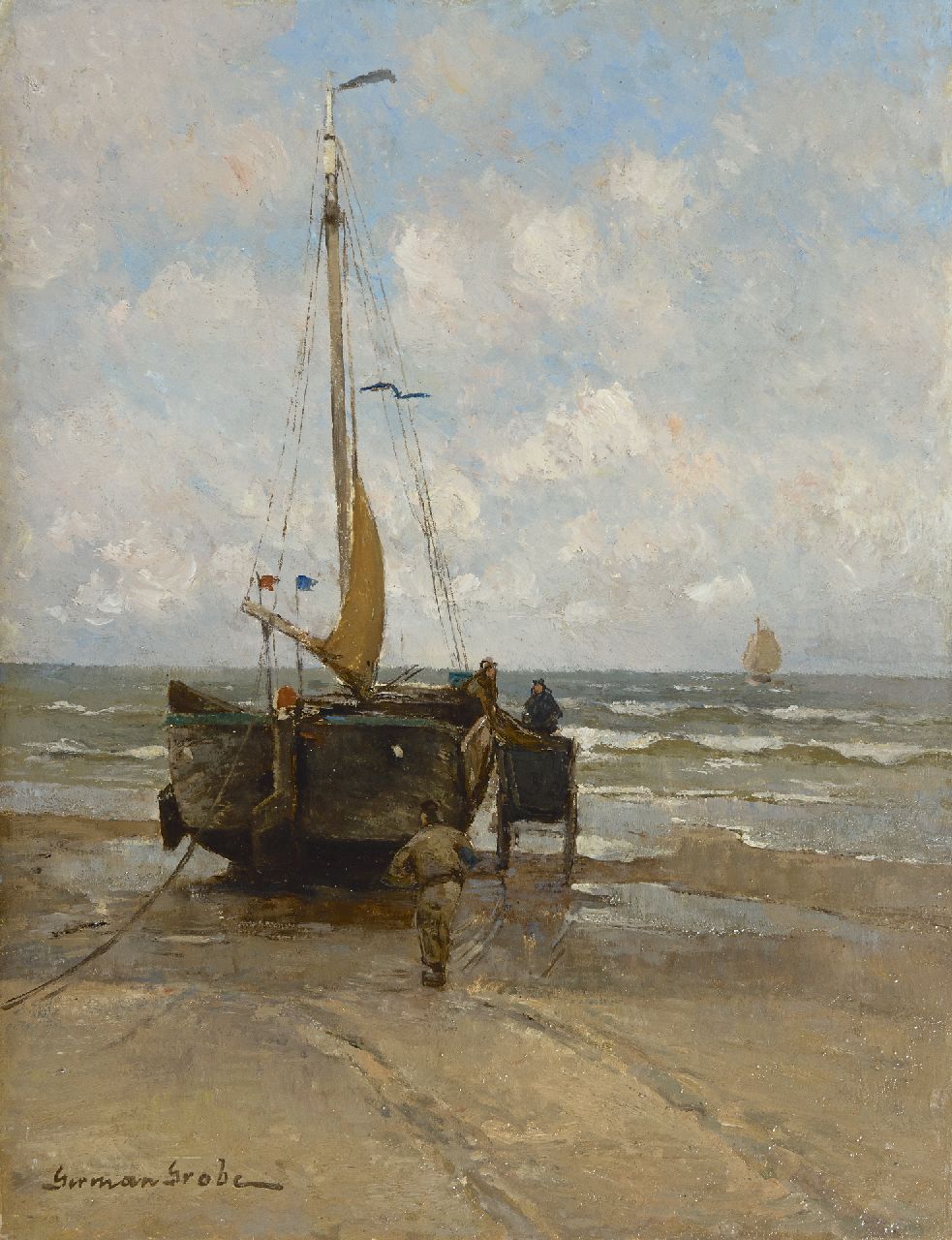 Grobe P.G. | Philipp 'German' Grobe, Het laden van de netten, Katwijk, olieverf op paneel 35,0 x 26,6 cm, gesigneerd linksonder Grobe P.G. | Philipp 'German' Grobe, Het laden van de netten, Katwijk, olieverf op paneel 35,0 x 26,6 cm, gesigneerd linksonder