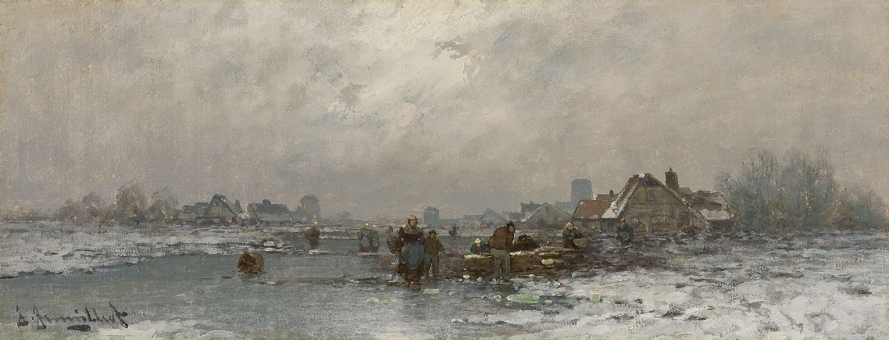 Jungblut J.  | Johann Jungblut, Visverkoop op een bevroren rivier in Holland, olieverf op doek 18,8 x 48,0 cm, gesigneerd linksonder