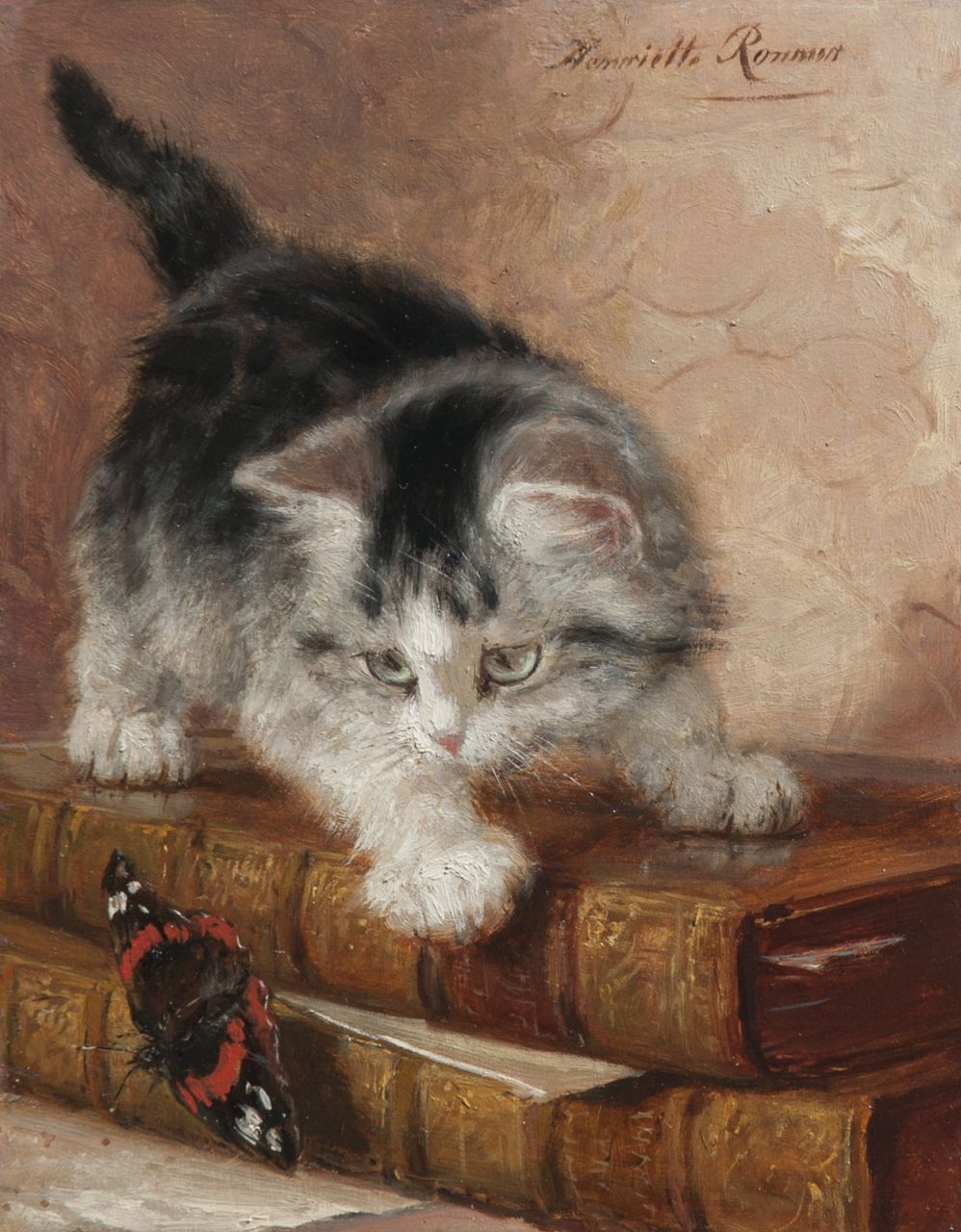 Ronner-Knip H. | Henriette Ronner-Knip, Poesje spelend met een vlinder, olieverf op paneel 22,0 x 17,3 cm, gesigneerd rechtsboven en te dateren ca. 1887 Ronner-Knip H. | Henriette Ronner-Knip, Poesje spelend met een vlinder, olieverf op paneel 22,0 x 17,3 cm, gesigneerd rechtsboven en te dateren ca. 1887