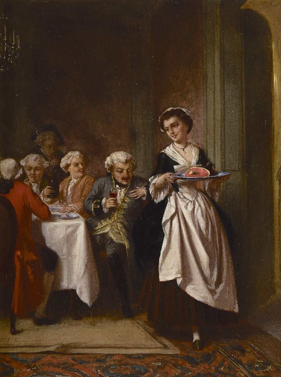 Wijngaerdt (de oude) P.T. van | Petrus Theodorus van Wijngaerdt (de oude) | Schilderijen te koop aangeboden | Wijn met een goed stuk vlees, olieverf op paneel 20,0 x 15,4 cm, gesigneerd linksonder