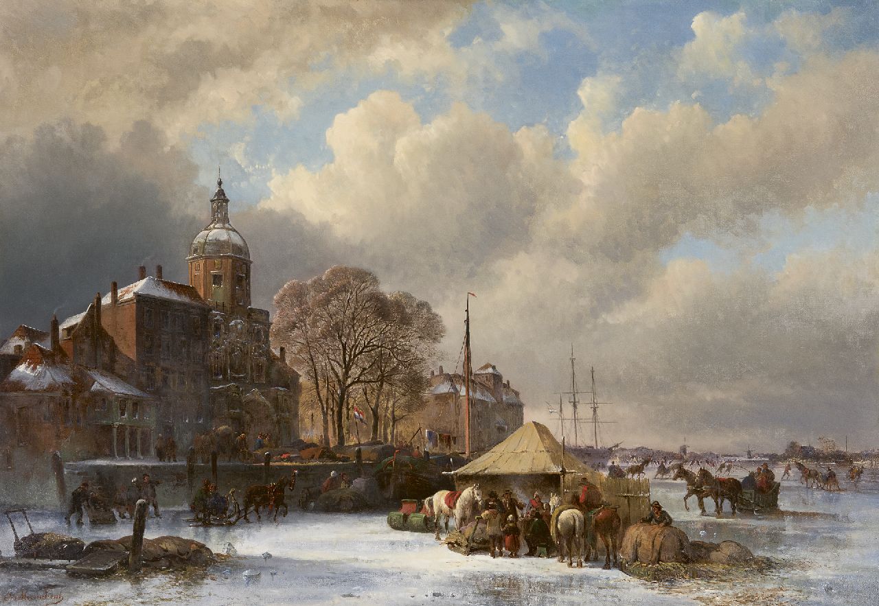 Moerenhout J.J. | Josephus Jodocus 'Joseph' Moerenhout, Drukbevolkt ijsgezicht bij het Groothoofd in Dordrecht, olieverf op doek 66,5 x 95,5 cm, gesigneerd linksonder Moerenhout J.J. | Josephus Jodocus 'Joseph' Moerenhout, Drukbevolkt ijsgezicht bij het Groothoofd in Dordrecht, olieverf op doek 66,5 x 95,5 cm, gesigneerd linksonder