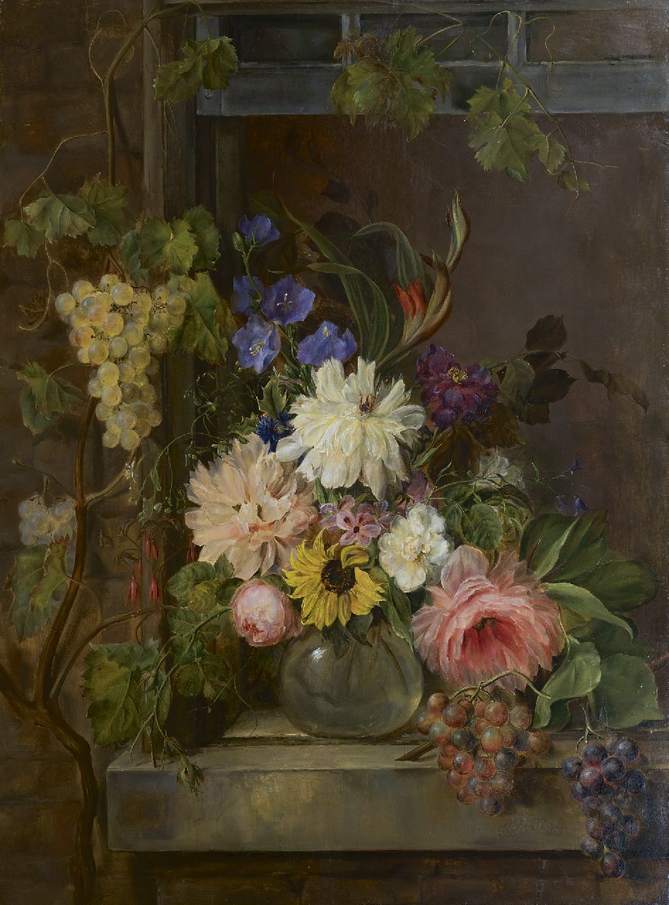 Os G.J.J. van | Georgius Jacobus Johannes van Os | Schilderijen te koop aangeboden | Stilleven met bloemen en druiven, olieverf op paneel 97,0 x 75,5 cm, gesigneerd rechtsonder en gedateerd 1809 Os G.J.J. van | Georgius Jacobus Johannes van Os | Schilderijen te koop aangeboden | Stilleven met bloemen en druiven, olieverf op paneel 97,0 x 75,5 cm, gesigneerd rechtsonder en gedateerd 1809