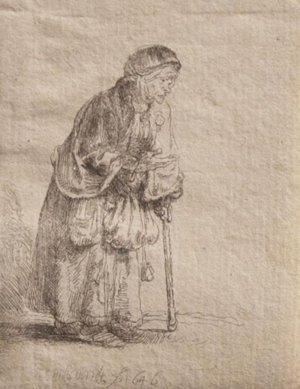 Rembrandt (Rembrandt Harmensz. van Rijn)   | Rembrandt (Rembrandt Harmensz. van Rijn), Bedelares, leunend op een stok, ets 8,0 x 6,3 cm, gesigneerd middenonder in de plaat en gedateerd 1646 in de plaat